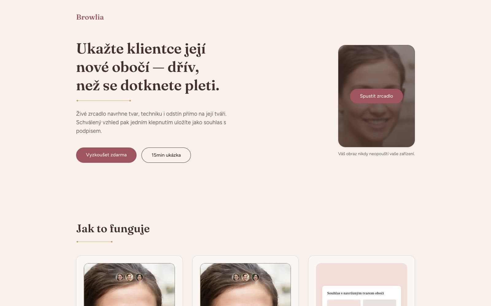Browlia landing page with the live brow mirror demo